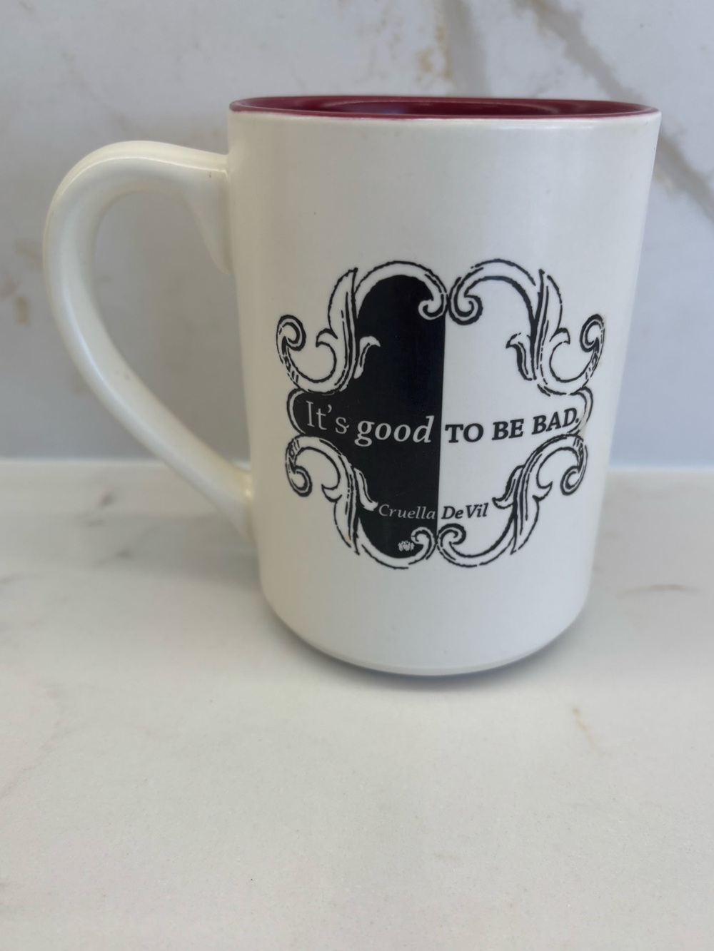 New Disney Cruella De Vil Hallmark White Maroon Ceramic Mug It's Good to Be Bad